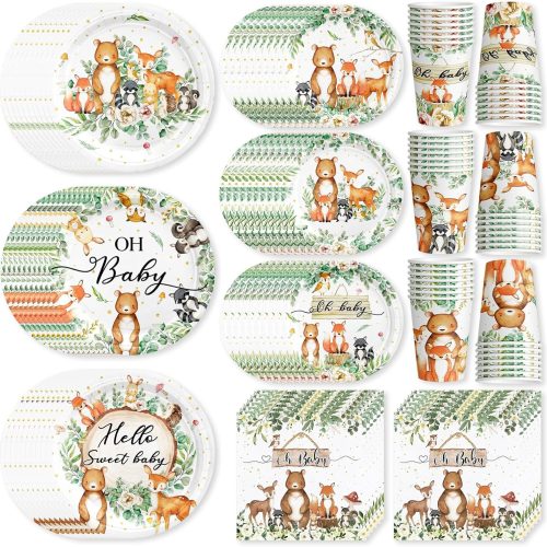 130 PCS Woodland Baby Shower Party Supplies for Boys Girls Forest Animal Wild Animal Party Decorations Includes Plates, Napkins, Cups for Safari Woodland Decorations, Serve 30