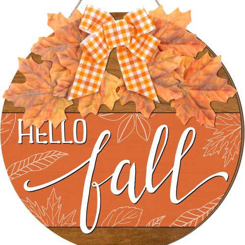Hello Fall Sign for Front Door Autumn Wooden Hanging Door Hanger Sign Fall Welcome Wreaths with Bow Maple Leaf Farmhouse Wall Decoration for Home Thanksgiving Harvest Front Porch Decor