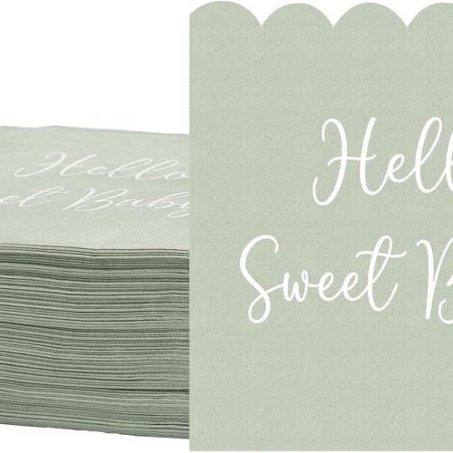 Kosiz 100 Pcs Baby Shower Napkins Sage Green Scalloped Cocktail Napkins for Girls and Boys 5 x 5 Inches Disposable Dinner Decorations 2 Ply Thick Paper Serviette for Gender Reveal Party Decoration
