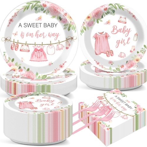 200Pcs Floral Baby Girl Shower Plates and Napkins Decoration Pink Girl Party Tableware Dinnerware Set Spring Rose Gold Paper Plates for Baby Gender Reveal Party Supplies Serves 50