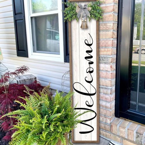 Welcome Sign for Front Porch Standing 45"X9" Large Outdoor Decor Rustic Vertical Leaner Wood Frame Porch Tall Welcome Signs for Farmhouse Outside Front Door Decorations (Wood White)