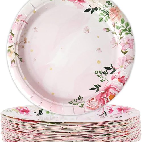 gisgfim 48 Pcs Floral Paper Plates 7" Pink Girls’ Birthday Party Disposable Dessert Plates Supplies Decorations Tea Party Plates Tableware for Wedding Baby Shower