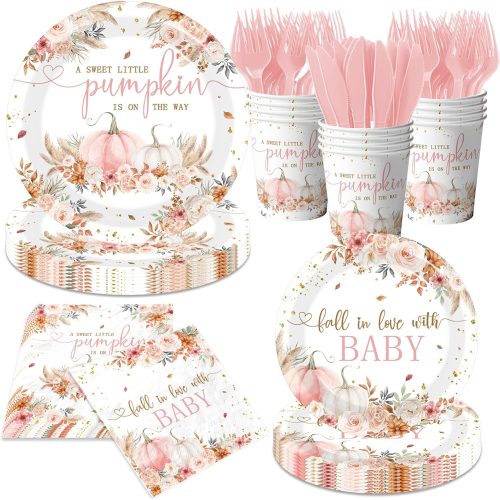 Pink Little Pumpkin Baby Shower Decorations Girl, Boho A Sweet Little Pumpkin is On The Way Plates and Napkins with Cups Forks and Knives Floral Fall Tableware for Autumn Thanksgiving Party, Serve 24