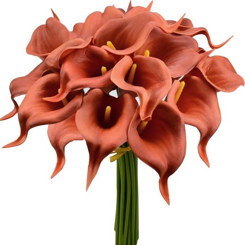 Mandy's PU Burnt Orange Calla Lily Artificial Flowers 20 Stems 13.5in Faux Realistic Centerpiece DIY Bridal Bouquet Home Décor