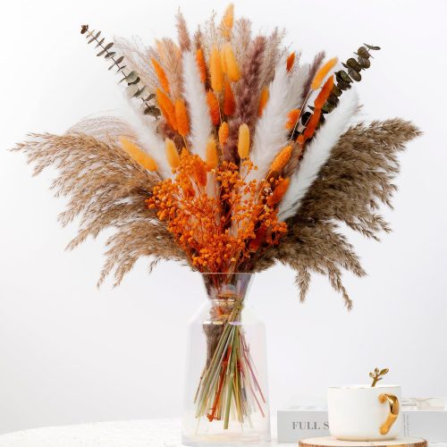 120Pcs Orange Dried Pampas Grass Bouquet, 17'' Natural Baby's Breath, Bunny Tail, Eucalyptus & Reed Stems for Boho Home Decor, Fall Wedding Centerpiece, Rustic Farmhouse Arrangement