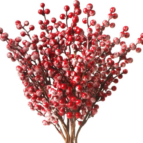 Fangoo 10 Pack Christmas Red Berry Stems, 14 Inch Snowy Red Berries Burgundy Red Berry Stems Snowy Berry Branches for Christmas Tree Xmas Wreath DIY Crafts Holiday Season Winter Home Decorations