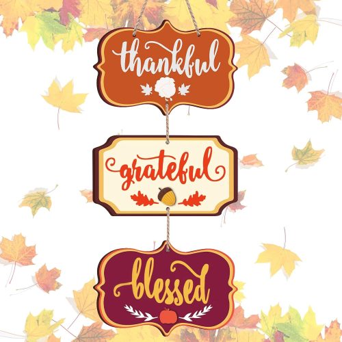 Wooden Fall Harvest Welcome Plaque - Thankful & Grateful Blessed Hanging Wall Decor for Indoor & Outdoor Use