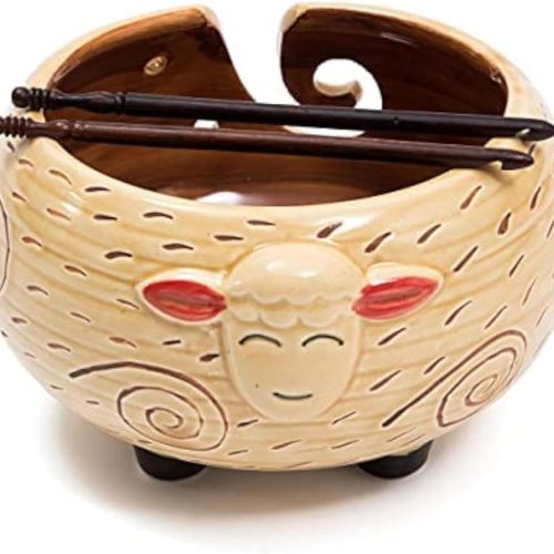 Eunoia Ceramic Yarn Bowl, 7 x 4 Inch Handmade Yarn Holder for Crocheting, Decorative Knitting Bowl for Knitters with Wooden Crochet Hook and Travel Bag