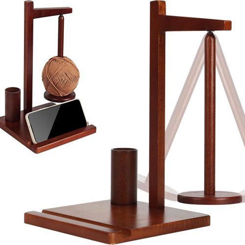 Wooden Yarn Holder with Phone Stand – Spinning Yarn Bowl for Knitting & Crocheting, Solid Wood Yarn Organizer with Crochet Hook Storage (7.5 x 8.8 in)