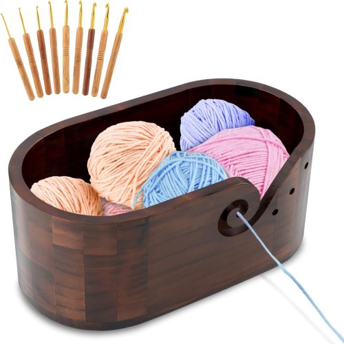 Wooden Yarn Bowl, Yarn Bowls for Crocheting, Crochet Yarn Holder with 9pcs Knitting Hooks, Yarn Storage Crochet Bowl Knitting for Crocheters and Knitting Lovers, Large Yarn Bowl(Color:Black Walnut)