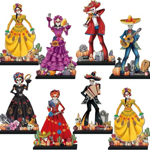 Amyhill 8 Pcs Day of The Dead Table Decorations Dia De Los Muertos Altar Wooden Centerpiece Dancing Couple Sugar Skull Decor Day of The Dead Decor Mexican Tabletop Detachable Sign for Halloween Party