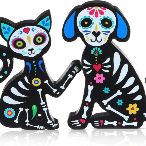 Wesiti 2 Pcs Day of The Wooden Table Decorations Sugar Skull Cat and Dog Figurine Signs Dia De Los Muertos Desk Top Decor for Tiered Tray Shelf Mantle Home Office Mexican Halloween Party Supplies