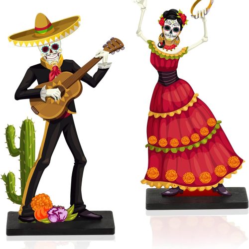 CT4263CT_1 2 PCS Day of the Dead Centerpieces, Wooden Dancing Couple Sugar Skull Signs Decor Day of the Dead Table Decor Mexican Dia De Los Muertos Decor for Table Mexican Festival Halloween Decor