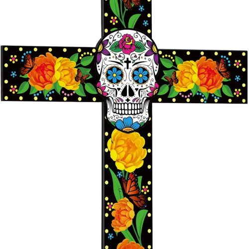 Thyle Day of the Dead Cross Table Decor Dias De Los Muertos Ofrenda Decorations Wooden Mexican Sugar Skull Cross Day of the Dead Altar Statues Figurines Offering Decoration(Small)