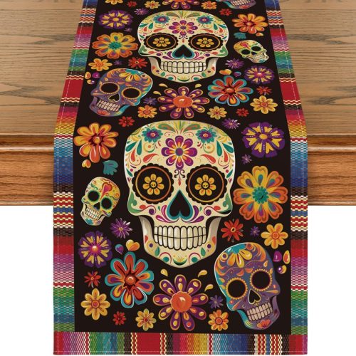 Artoid Mode Flowers Sugar Skull Mexican Day of The Dead Table Runner, Dia De Los Muertos Kitchen Dining Table Decoration for Home Party Decor 13x72 Inch