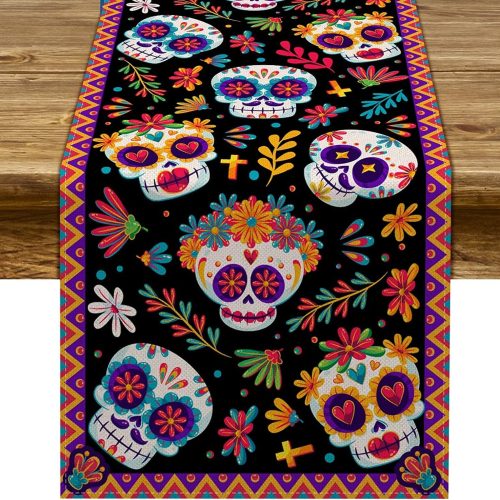 Pudodo Day of The Dead Table Runner Sugar Skull Dia De Los Muertos Mexican Festival Holiday Kitchen Dining Room Home Decoration (13" x 90")