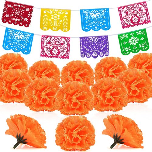 WILLBOND 74 Pieces Faux Marigold Flower Mexican Banners Mexican Party Decoration Plastic Papel Picado Banner Day of The Dead Decor for Dia De Los Muertos Party Papel Picado Fiesta(Orange)