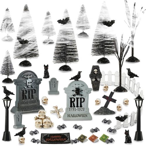 49 Pcs Miniature Halloween Village Accessories Set - Miniature Halloween Figurines, Ornaments, Bare Branches, Tombstones, Skeleton, Fake Spiders - Party Decor