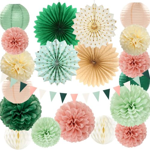 Sage-Green Pink Party-Decorations Paper-Flowers Lanterns - 20PCS Boho Rustic Tissue Pom Poms Streamers Fans Honeycomb, Birthday Baby Shower Neutral Garden Wedding Hanging Supplies Decor Burgleda