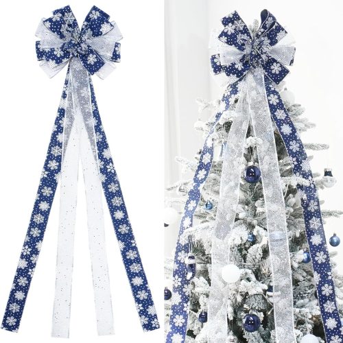 Christmas Tree Topper, Bow Large Christmas Bow Tree Topper, for Xmas Ornament Holiday Home Wedding Thanksgiving Indoor/Outdoor Decoration (Deep Blue White)