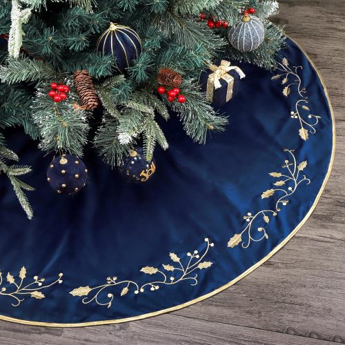 Christmas Tree Skirt, 48 inches Large Velvet Fur Plush Blue Tree Skirt, Xmas Tree Skirts with Gold Embroidered Holly Leaf for Merry Christmas Party Christmas Tree Decorations