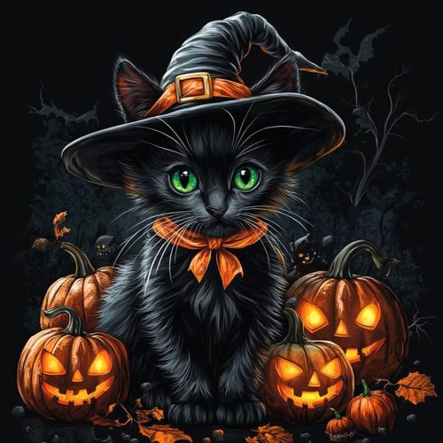 Yezavesu Halloween Diamond Art Kits for Adults, Black Cat Diamond Painting Kit for Beginners, Pumpkin 5D DIY Round Full Drill Painting with Gem Art Craft Kits for Home Wall Decor 14x14 Inch