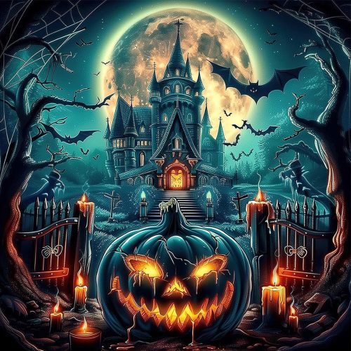 MEIYUDA Halloween Diamond Painting Kits for Adults, 5D Castle Pumpkin Diamond Art Kits for Beginners, Horror Pumpkin DIY Full Diamonds Art Painting Kit for Home Wall Decor Gift 12x12in
