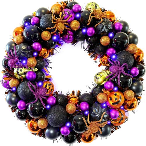 17 Inch Halloween Ball Wreath for Front Door with Lights, Lighted Cute Treat-or-Trick Door Wreath Ball Ornament for Halloween Indoor Decorations Centerpiece Party Holiday Wall Home Decor