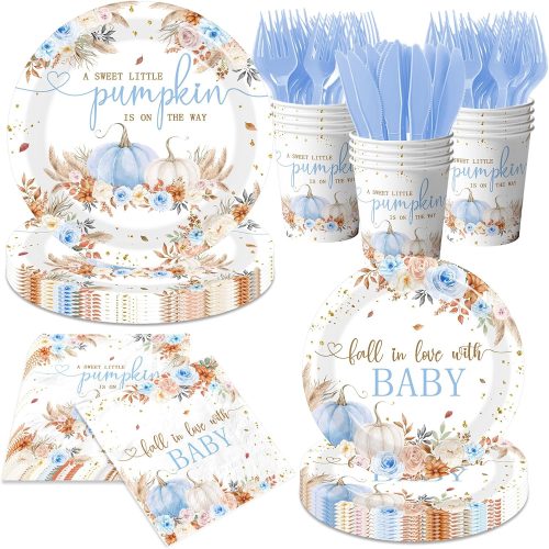 Blue Little Pumpkin Baby Shower Decorations Boy, Boho A Sweet Little Pumpkin is On The Way Plates and Napkins with Cups Forks and Knives Floral Fall Tableware for Autumn Thanksgiving Party, Serve 24