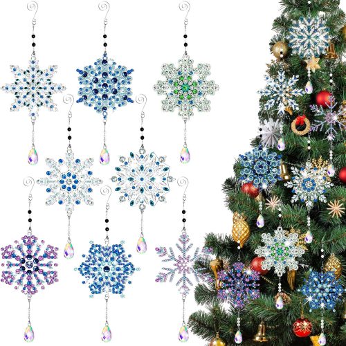 Uiifan 8 Sets Christmas Diamond Art Kits 5D DIY Point Drill Painting Wind Crystal Wind Chimes Diamond Kit Double Sided Snowflake Ornaments with Crystal Pendant for Home Garden Hanging Decor