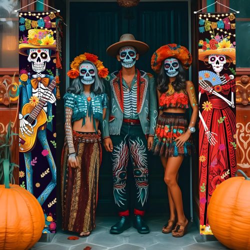 Halloween Decorations Indoor Dia De Los Muertos Porch Sign Banners Decoration Halloween Costume Mexico Day of The Dead Porch Signs Banner Outdoor Wall Door Party Decor Ornaments