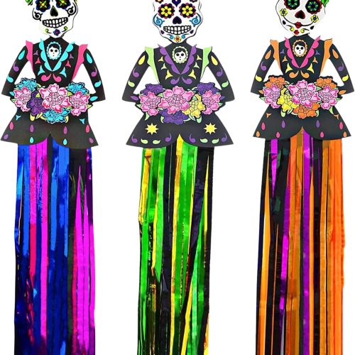 4E's Novelty Day of The Dead Hanging Decorations, 36" Pack of 3 Dia de Los Muertos Decor Banner (3ft Tall) for Party Decorations Home Indoor Outdoor Party Supplies, Halloween Sugar Skull Décor