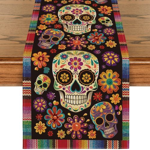 Flowers Sugar Skull Mexican,Day of The Dead Table Runner, Halloween Seasonal Kitchen Dining Table Decoration for Home Party Decor 13x72 Inch (40)