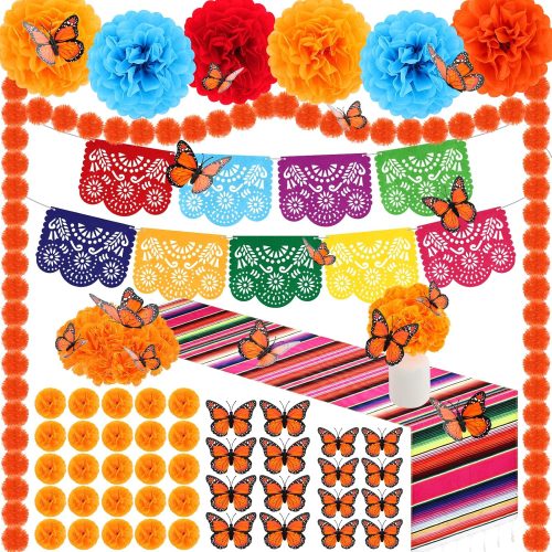 87 Pcs Day of The Dead Decorations, Dia De Los Muertos Decor 50 Marigold Flowers,Marigold Garlands,Mexican Party Banner,Table Runner,8 Paper Flowers,24 Monarch Butterflies Altar Decor for Diwali Party