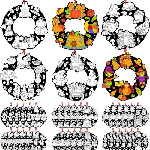 Epakh 30 Pcs Color Your Own Fall Thanksgiving Wreath Craft Kits DIY Coloring Pumpkin Maple Leaf Turkey Paper Crafts for Classroom Home Activity Fall Thanksgiving Party Decors Supplies