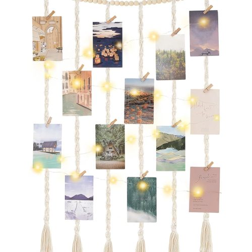 Mkono Macrame Hanging Photo Display Wall Decor with String Lights, Boho Wooden Beads Garland Collage Picture Card Frame Holder with 30 Clips for Bedroom Living Room Dorm, Teen Girls Christmas Gifts