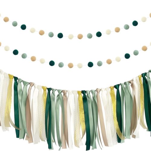 ANSOMO Sage Green Ribbon Felt Ball Garland Fabric Pom Pom Banner Tan Brown Ivory Gold Birthday Bridal Baby Shower Wall Hanging Party Decorations Wild Safari Jungle Botanical Greenery Decor Supplies
