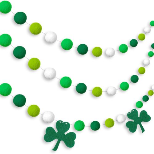 Tatuo 3 Pieces Pom Pom Garlands St. Patrick's Day Felt Shamrock Clover Irish Wall Hanging Garlands for St. Patrick's Day Irish Party Indoor Outdoor Home Supplies(Green,White)