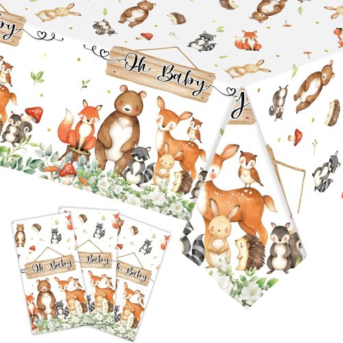 3pcs Woodland Animals Tablecloth Forest Wild Creatures Baby Shower Table Covers for Boy Girl Birthday Decoration Neutral Gender Reveal Decor Friendship Themed Party Supply 54" x 108"