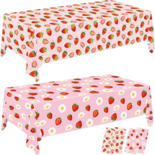 4 Pack Strawberry Tablecloths Berry Sweet Plastic Table Cover for Birthday Decorations Strawberry Baby Shower Party Decorations, 54 x 108 Inch