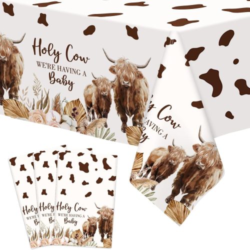 Nefelibata Highland Cows Table Cover Western Baby Shower Tablecloths Mom to Be Farm Cattle Party Supplies Gender Revealed Decorations Cowhide Plastic Waterproof Brown Floral Table Runners Set of 3