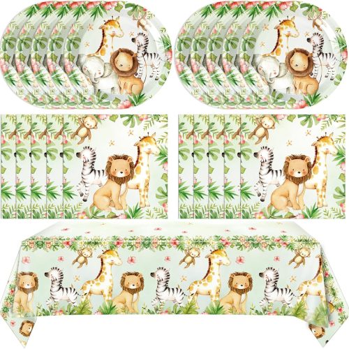 41Pcs Safari Baby Shower Decorations,Jungle Safari Theme Party Tableware Animal Baby Shower Paper Plates Napkins Tablecloth丨Baby Shower Kids Jungle Safari Animal Wild One Birthday Party Decor,Serve 20