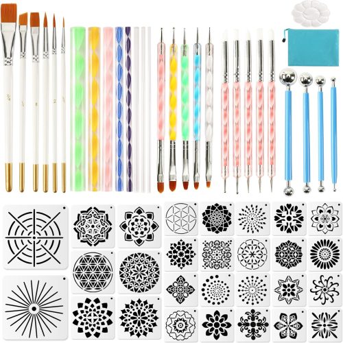 Augshy Mandala Dotting Tools Painting Kit, 58Pcs Dotting Tools for Painting DIY Mandala Rock Template Stencils Kit Brush Tray Pen Zipper Bag for Stone Canvas Mandala Arts