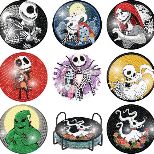 Canrichshop 8 Pieces Diamond Art Painting Coasters Kit,Halloween Diamond Painting Kits,Love Diamond Art Coasters Adults Beginners,5D DIY Full Drill Coasters Craft with Holder