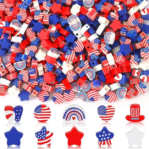Augshy 300Pcs Patriotic Polymer Clay Beads, Round Red White Blue Stars Hearts Circles Butterflies Hats Rainbows 4th of July American Flag Spacer Beads for Bracelet Necklace Making Earrings Craft