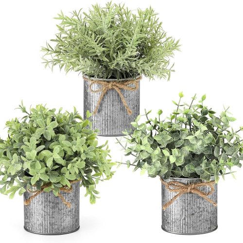 Mkono Small Fake Plants in Farmhouse Galvanized Metal Pots 3 Pack Potted Artificial Plant Eucalyptus for Laundry Room Bathroom Shelf Table Decor