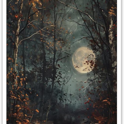 Horror Creepy Autumn Full Moon Dark Forest Canvas Wall Art Poster Cottagecore And Moody Fall Art Halloween Gothic Dark Academia Family Room Aesthetic Decor 12X16 in Unframed