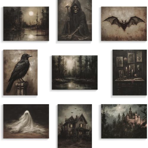 abrtolpffo Halloween Wall Art Halloween prints 9 Pieces 8x10in Dark Academia Wall Decor, Spooky Ghost Witch Raven Bat Haunted House Pictures, Dark and Moody Forest Landscape Art Gothic Decor