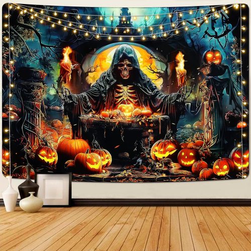 Invoibler Halloween Skull Tapestry Horror Pumpkin Tapestries Goth Witch Wall Art Misty Forest Wall Hanging for Bedroom(59.1 x 82.7 inches)