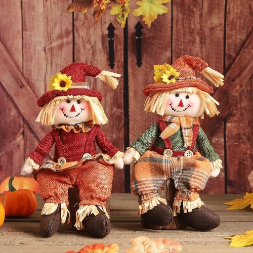 BALONAR 2 Pack Fall Decorations for Home Plush Handmade Mini Sitting Scarecrow Dolls Autumn Boy Girl Figures Gnomes Doll with Sunflower for Thanksgiving Table Ornaments(Green Red)